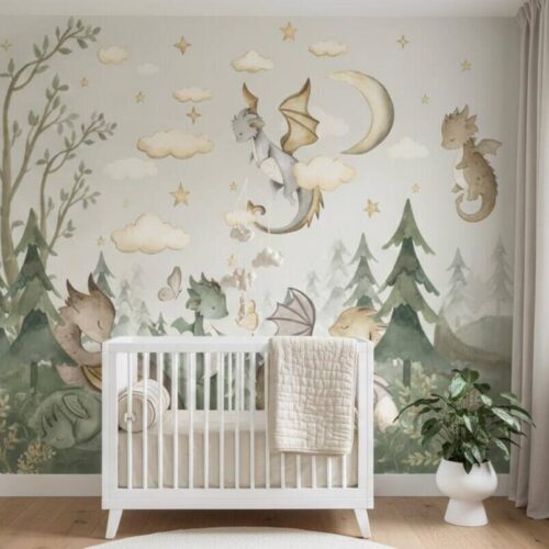 Baby Dragons Wallpaper Fantasy Forest Nursery Mural Peel And Stick