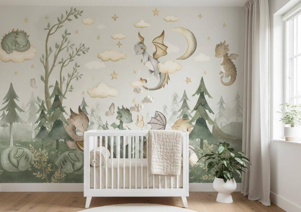 Baby Dragons Wallpaper Fantasy Forest Nursery Mural Peel And Stick
