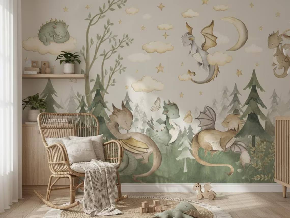Baby Dragons Wallpaper Fantasy Forest Nursery Mural Peel And Stick