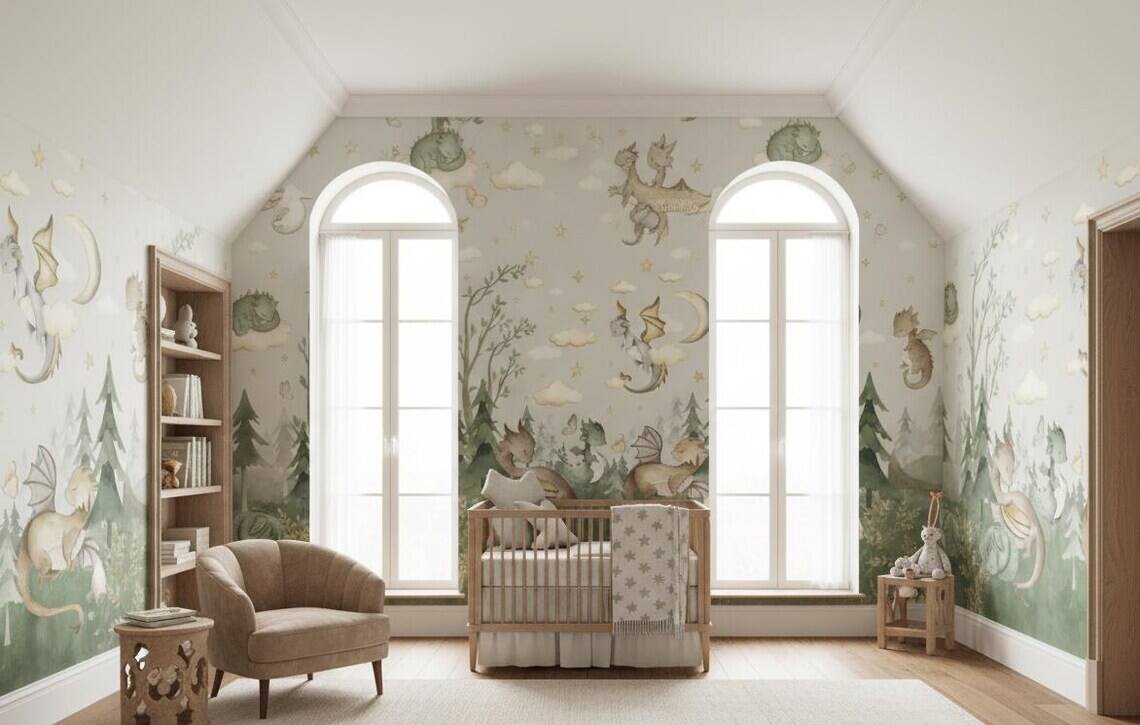 Baby Dragons Wallpaper Fantasy Forest Nursery Mural Peel And Stick