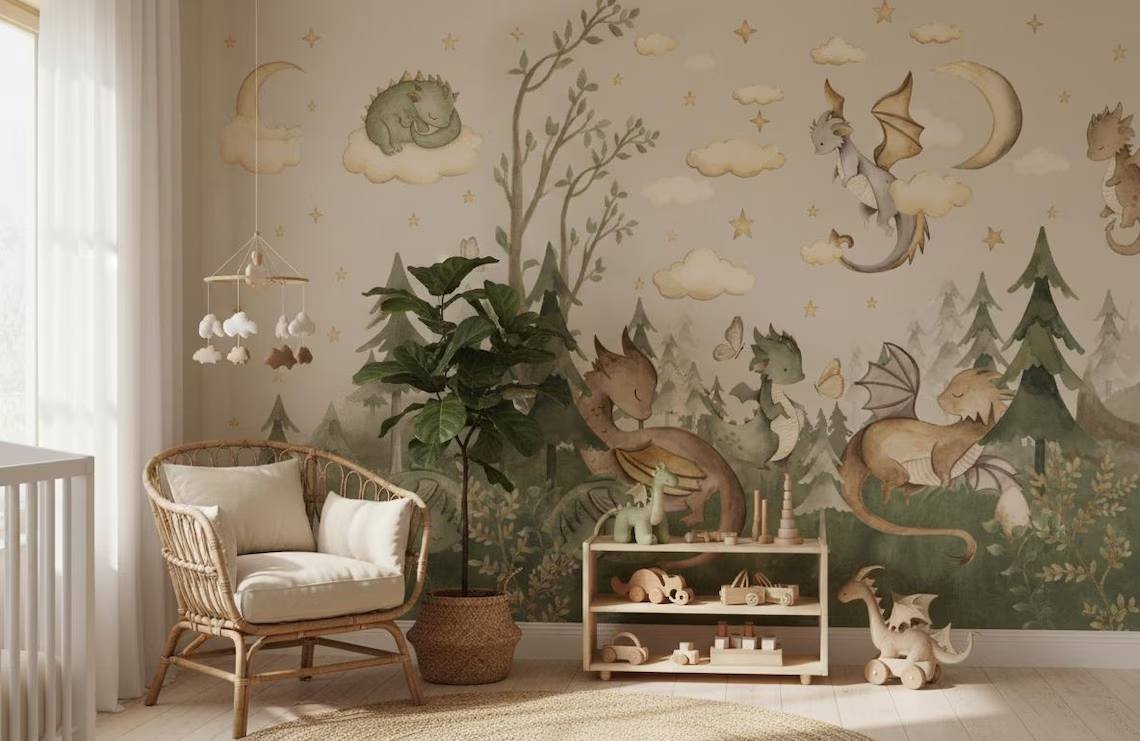 Baby Dragons Wallpaper Fantasy Forest Nursery Mural Peel And Stick