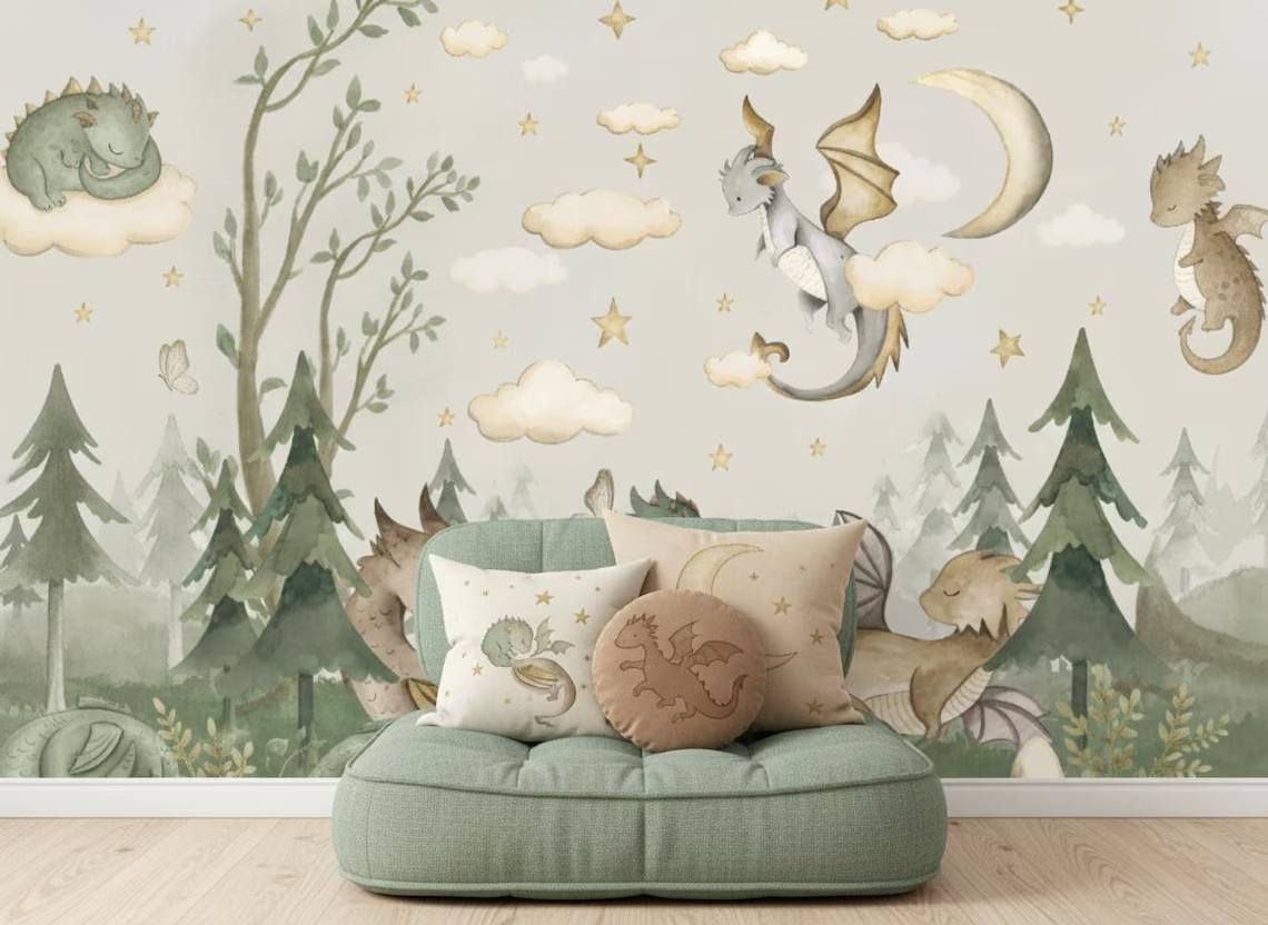 Baby Dragons Wallpaper Fantasy Forest Nursery Mural Peel And Stick