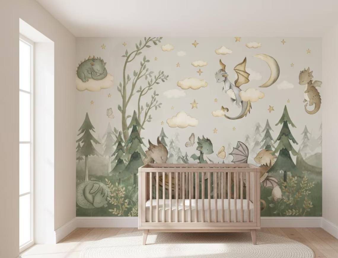 Baby Dragons Wallpaper Fantasy Forest Nursery Mural Peel And Stick