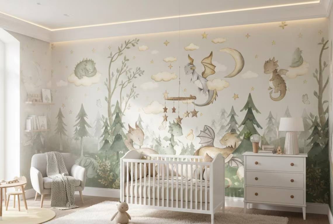 Baby Dragons Wallpaper Fantasy Forest Nursery Mural Peel And Stick
