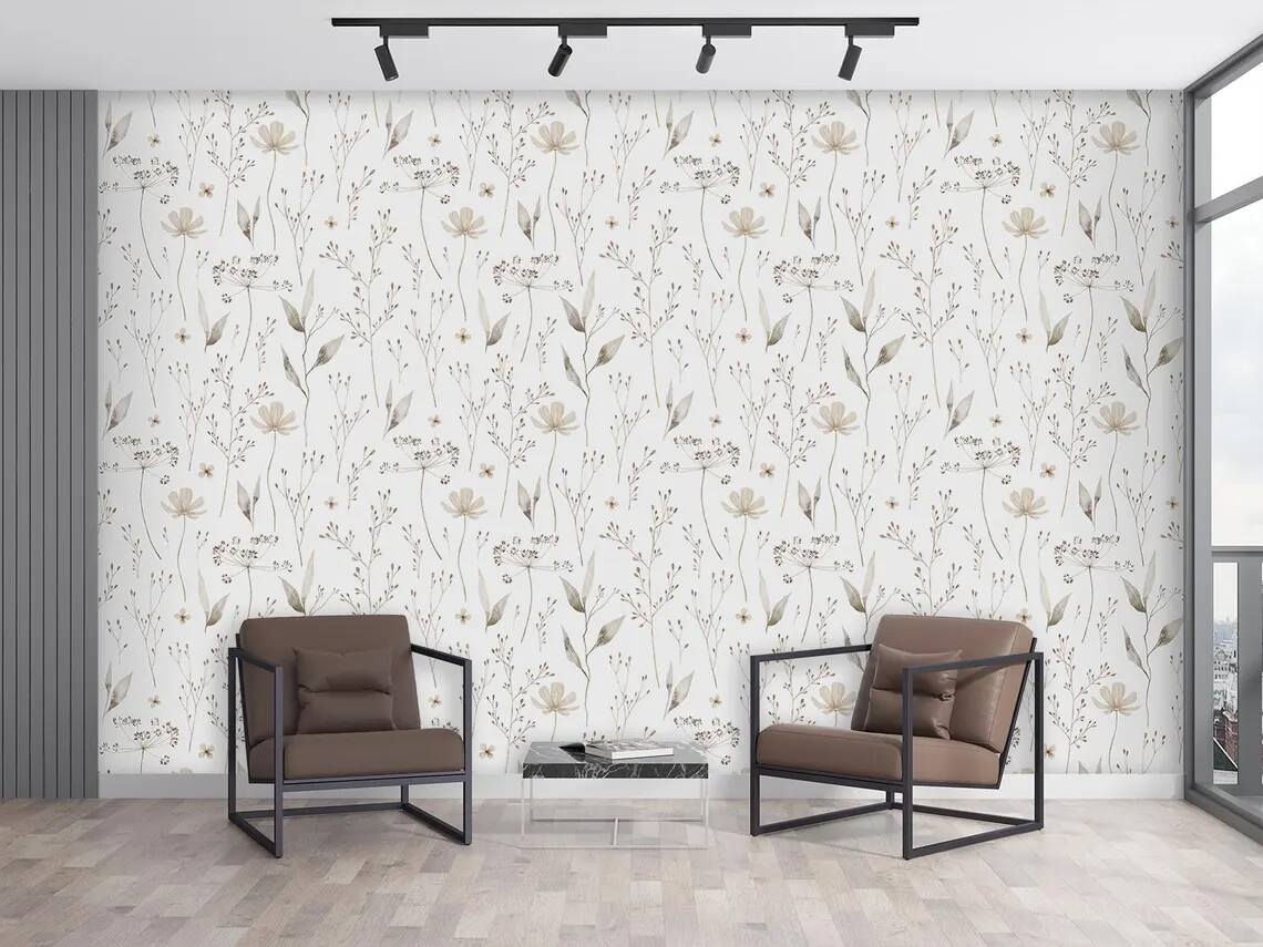 Beige Floral Wallpaper Minimalist Peel And Stick Accent Wall