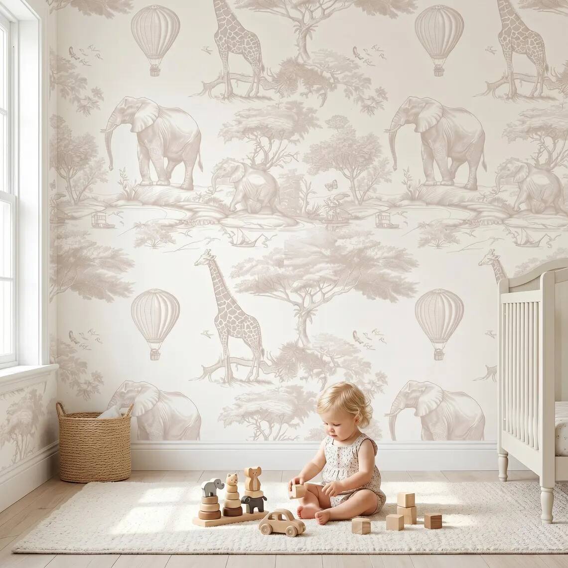 Beige Safari Nursery Wallpaper Toile Jungle Animals Wall Mural Neutral Kids Room Decor Elephant Giraffe Balloon Wallpaper Peel Stick