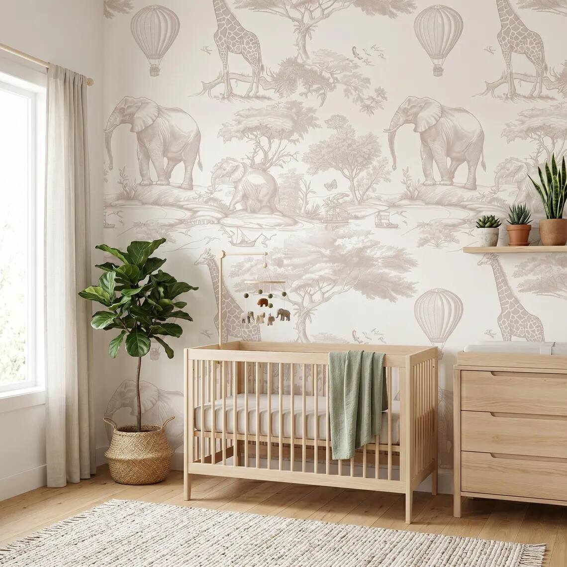 Beige Safari Nursery Wallpaper Toile Jungle Animals Wall Mural Neutral Kids Room Decor Elephant Giraffe Balloon Wallpaper Peel Stick
