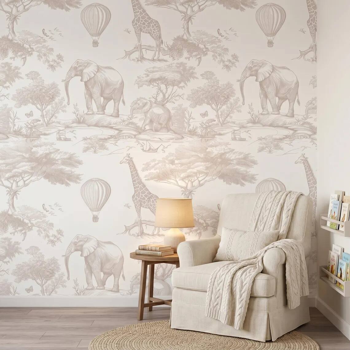 Beige Safari Nursery Wallpaper Toile Jungle Animals Wall Mural Neutral Kids Room Decor Elephant Giraffe Balloon Wallpaper Peel Stick