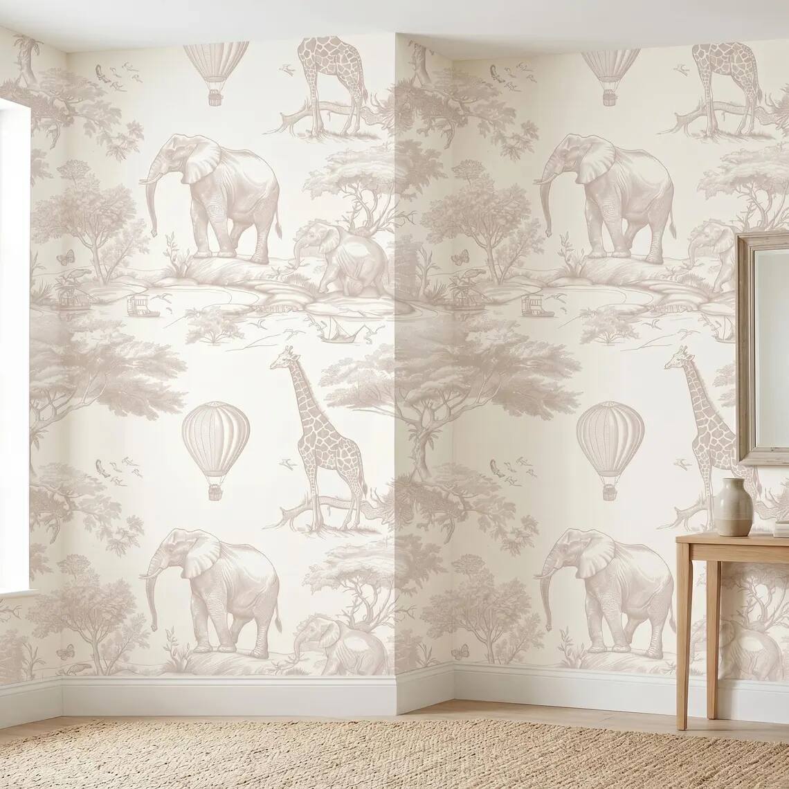 Beige Safari Nursery Wallpaper Toile Jungle Animals Wall Mural Neutral Kids Room Decor Elephant Giraffe Balloon Wallpaper Peel Stick