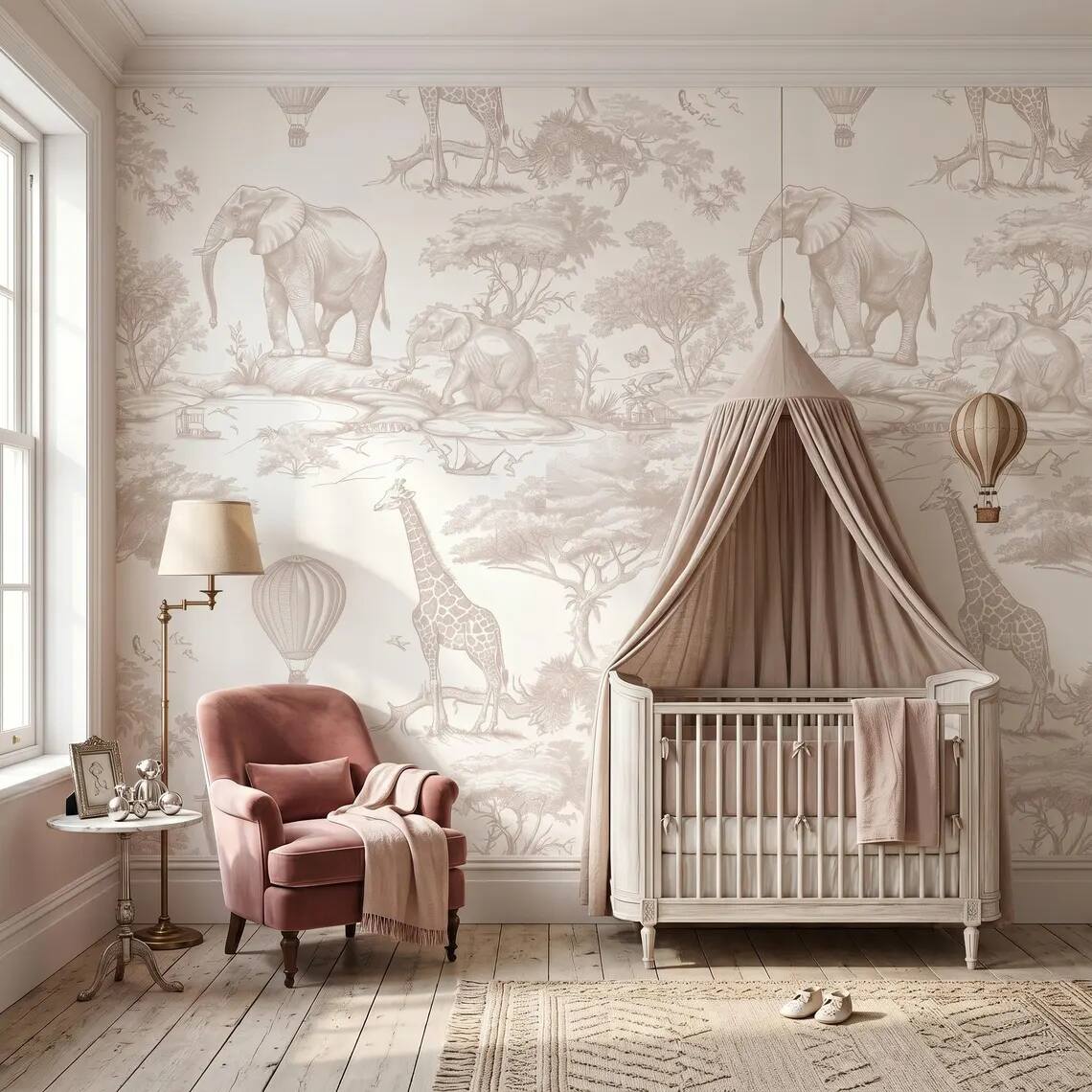 Beige Safari Nursery Wallpaper Toile Jungle Animals Wall Mural Neutral Kids Room Decor Elephant Giraffe Balloon Wallpaper Peel Stick