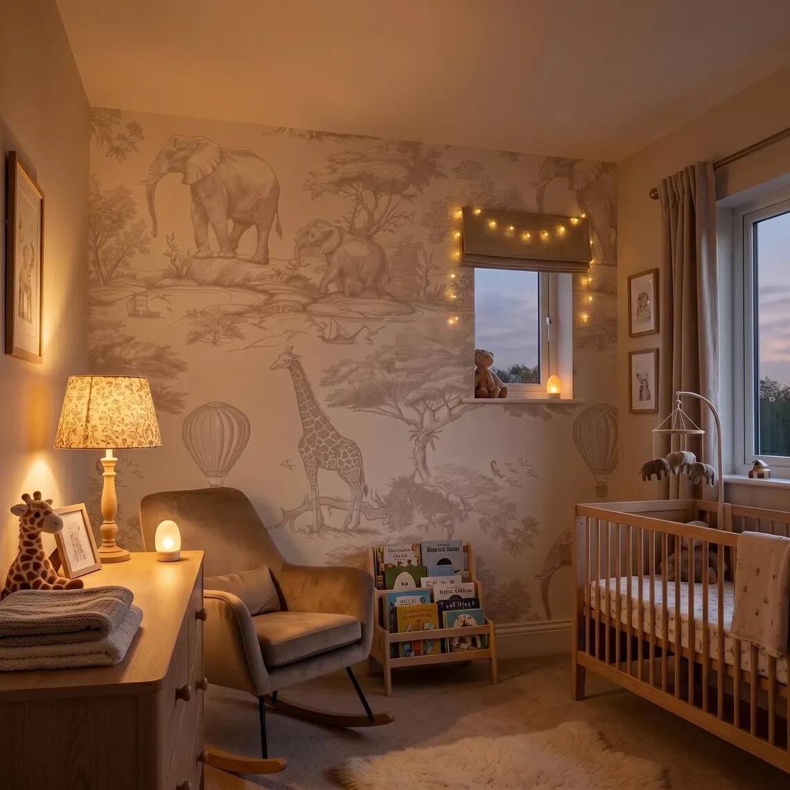 Beige Safari Nursery Wallpaper Toile Jungle Animals Wall Mural Neutral Kids Room Decor Elephant Giraffe Balloon Wallpaper Peel Stick