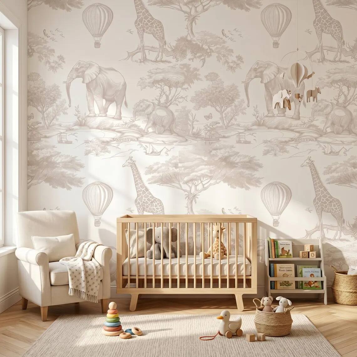 Beige Safari Nursery Wallpaper Toile Jungle Animals Wall Mural Neutral Kids Room Decor Elephant Giraffe Balloon Wallpaper Peel Stick