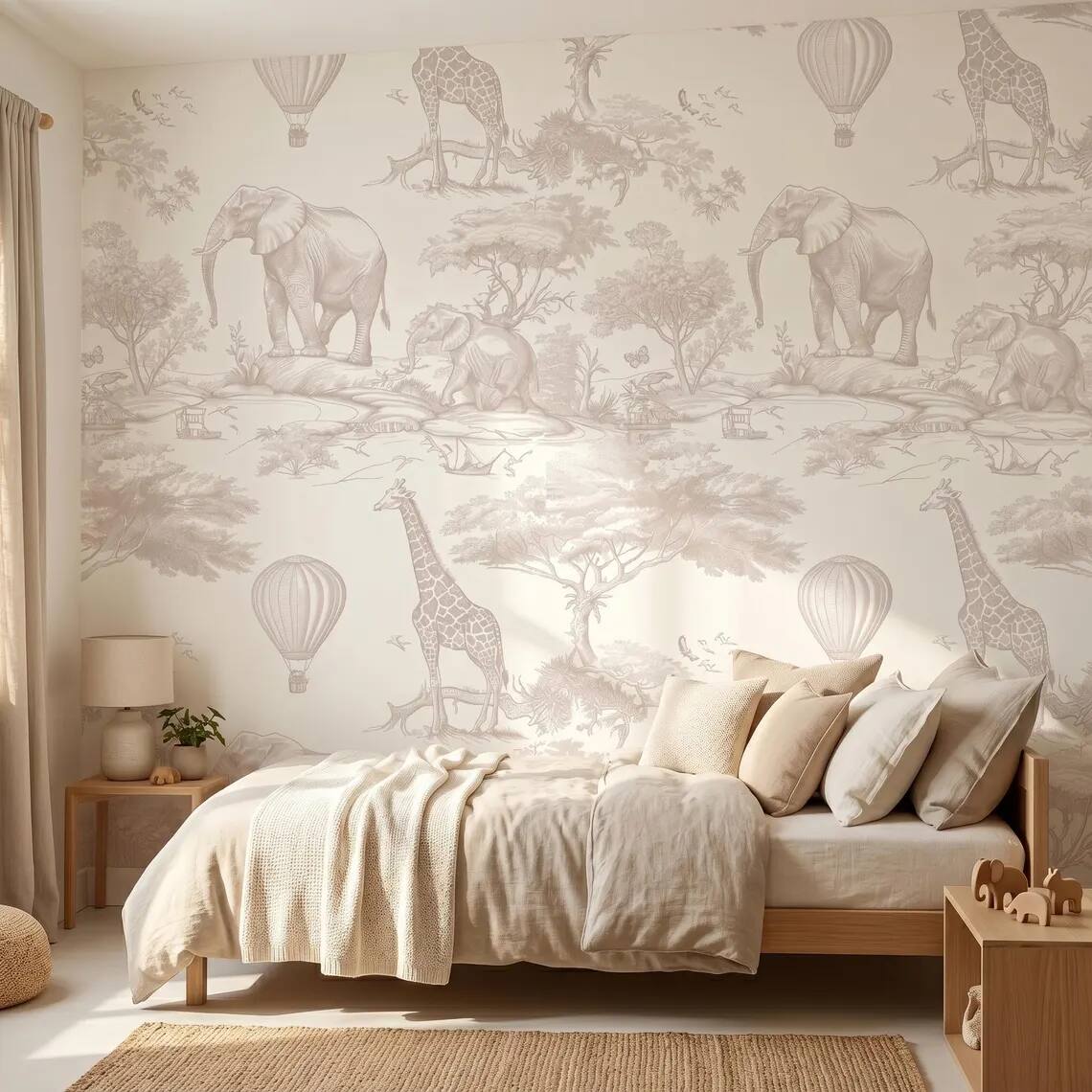 Beige Safari Nursery Wallpaper Toile Jungle Animals Wall Mural Neutral Kids Room Decor Elephant Giraffe Balloon Wallpaper Peel Stick