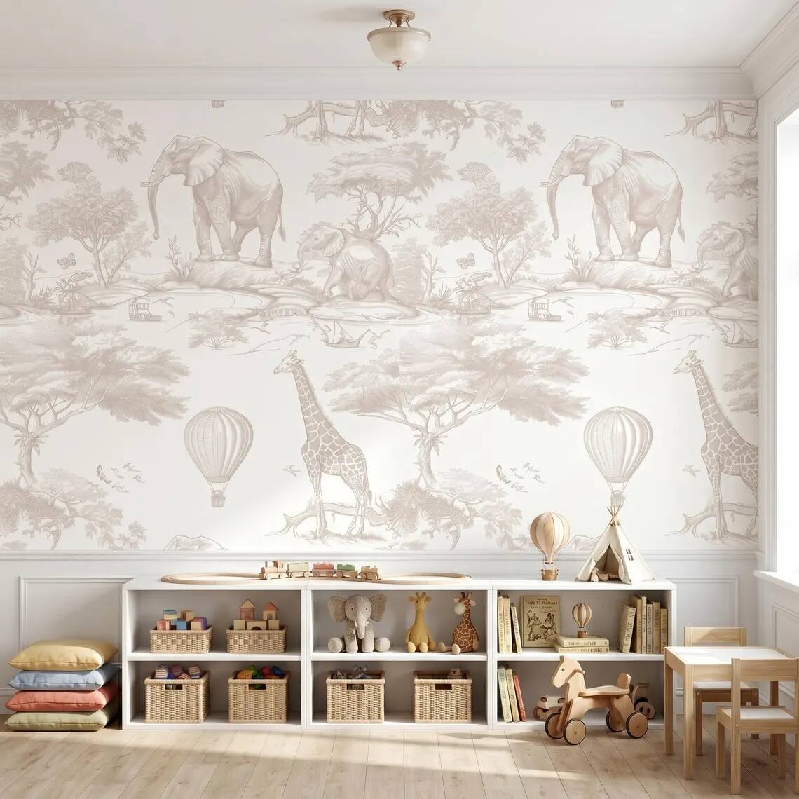 Beige Safari Nursery Wallpaper Toile Jungle Animals Wall Mural Neutral Kids Room Decor Elephant Giraffe Balloon Wallpaper Peel Stick