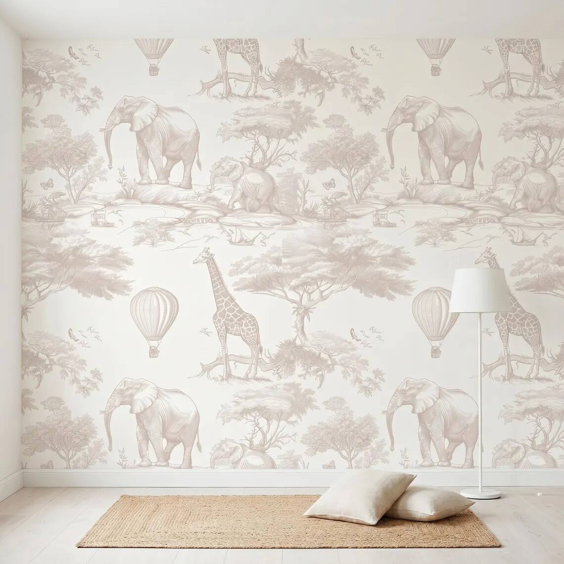Beige Safari Nursery Wallpaper Toile Jungle Animals Wall Mural Neutral Kids Room Decor Elephant Giraffe Balloon Wallpaper Peel Stick