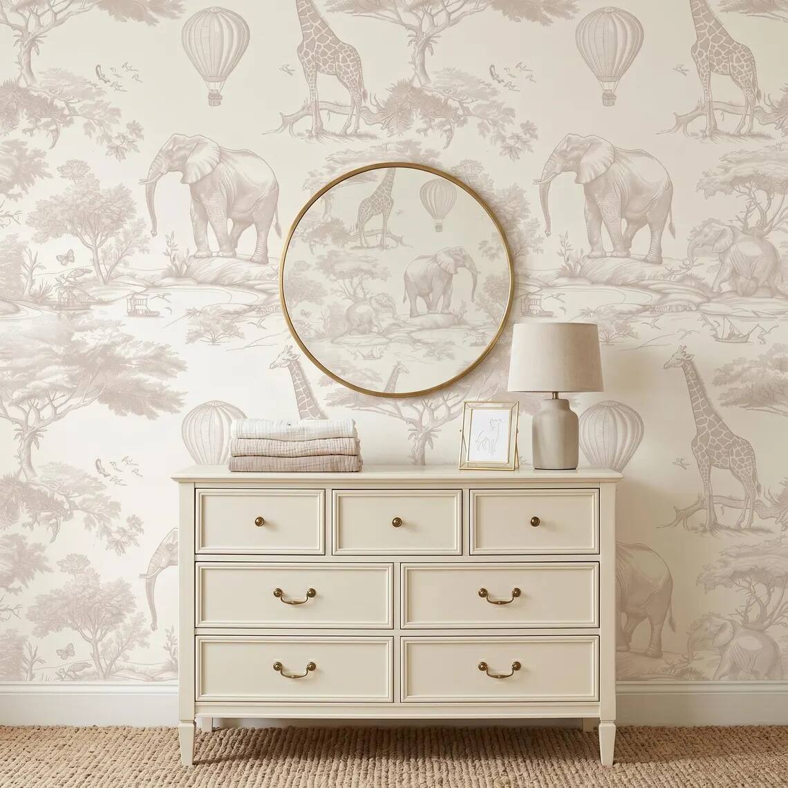 Beige Safari Nursery Wallpaper Toile Jungle Animals Wall Mural Neutral Kids Room Decor Elephant Giraffe Balloon Wallpaper Peel Stick