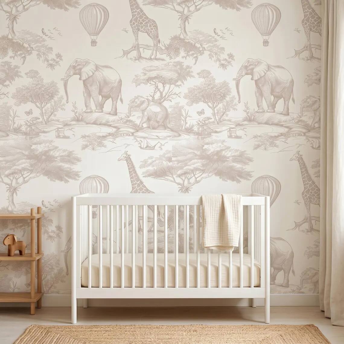 Beige Safari Nursery Wallpaper Toile Jungle Animals Wall Mural Neutral Kids Room Decor Elephant Giraffe Balloon Wallpaper Peel Stick