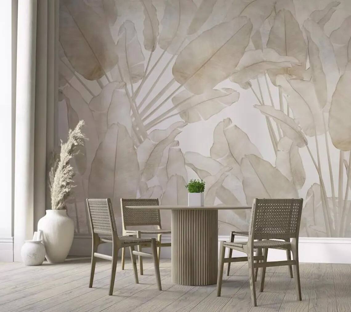 Beige Tropical Leaf Wallpaper Mural Modern Minimal Peel And Stick