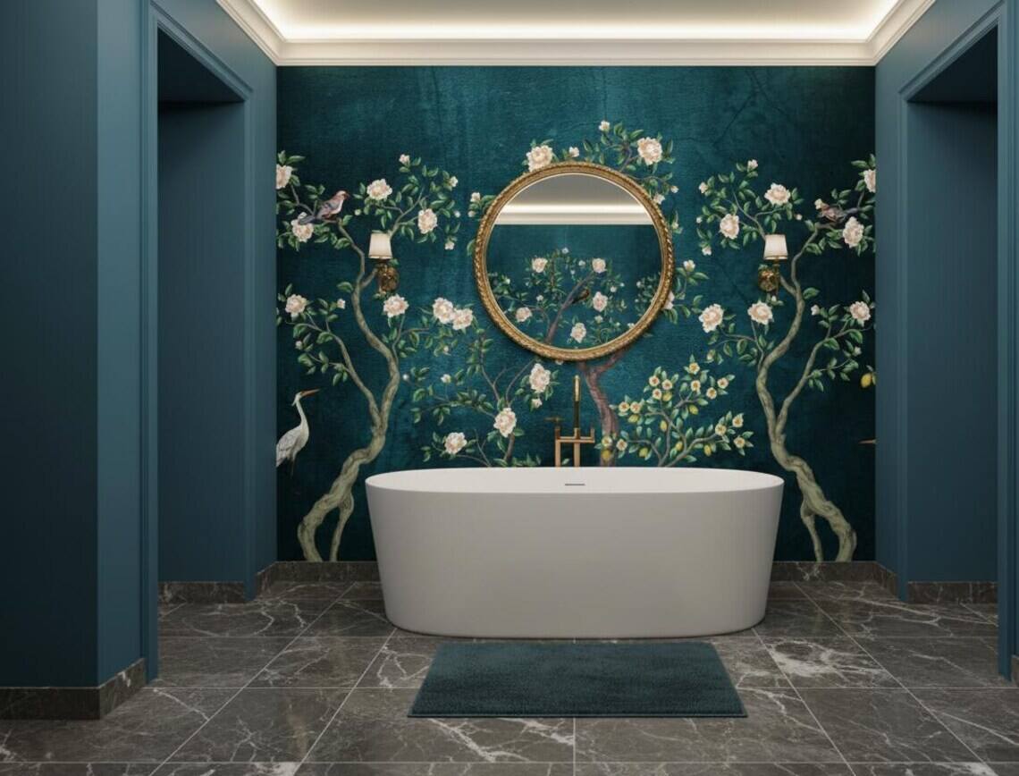 Blue Chinoiserie Wallpaper Cherry Blossom Bird Wall Mural Peel And Stick