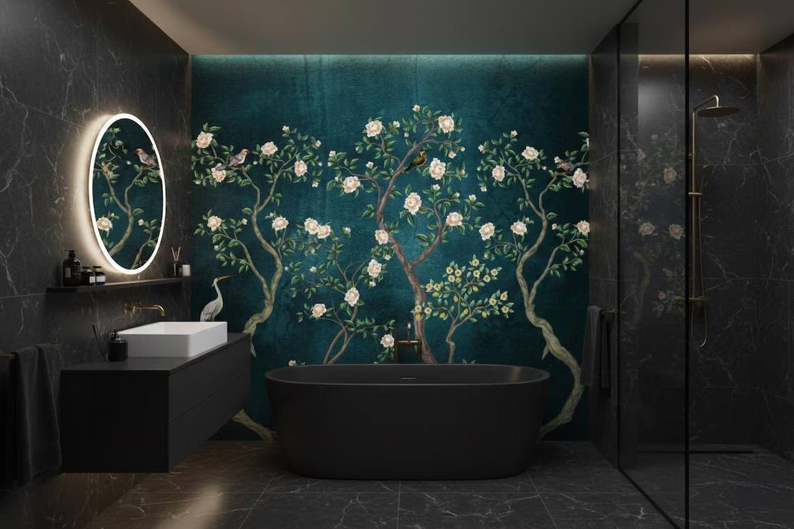Blue Chinoiserie Wallpaper Cherry Blossom Bird Wall Mural Peel And Stick