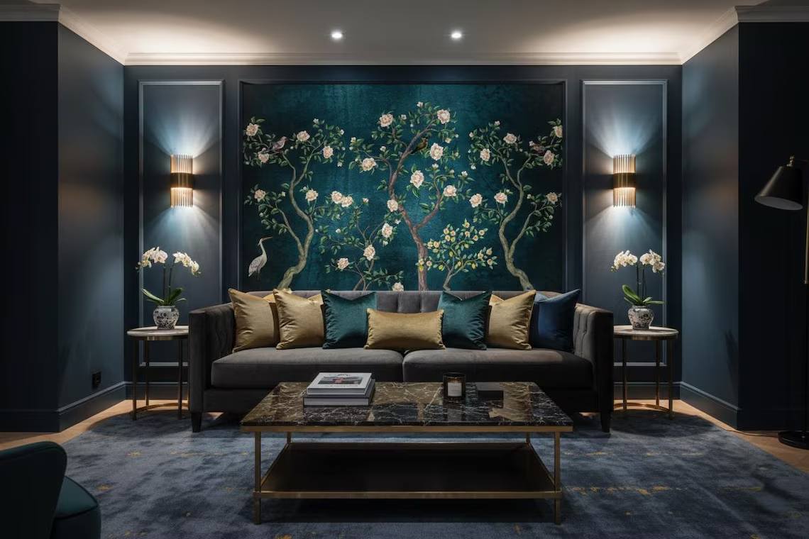 Blue Chinoiserie Wallpaper Cherry Blossom Bird Wall Mural Peel And Stick