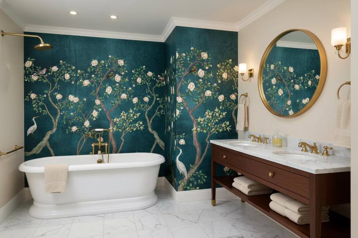 Blue Chinoiserie Wallpaper Cherry Blossom Bird Wall Mural Peel And Stick