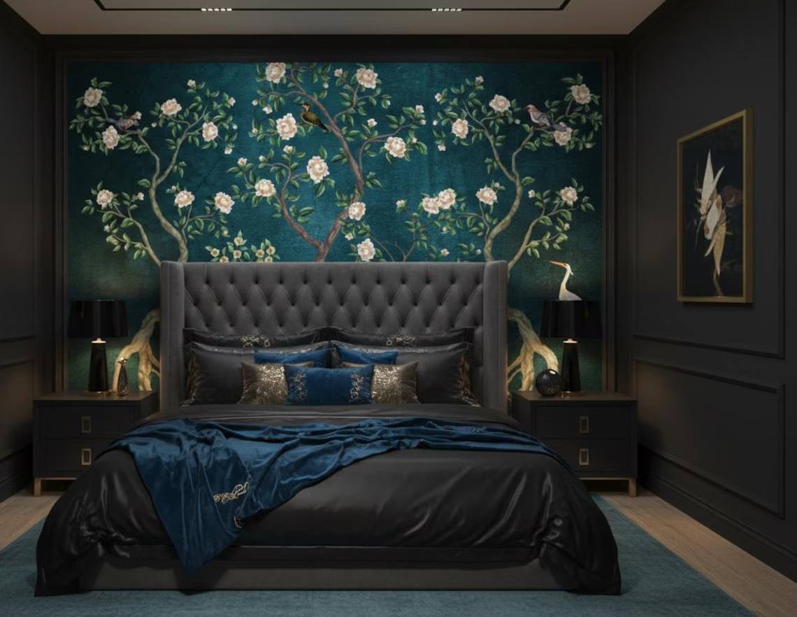 Blue Chinoiserie Wallpaper Cherry Blossom Bird Wall Mural Peel And Stick