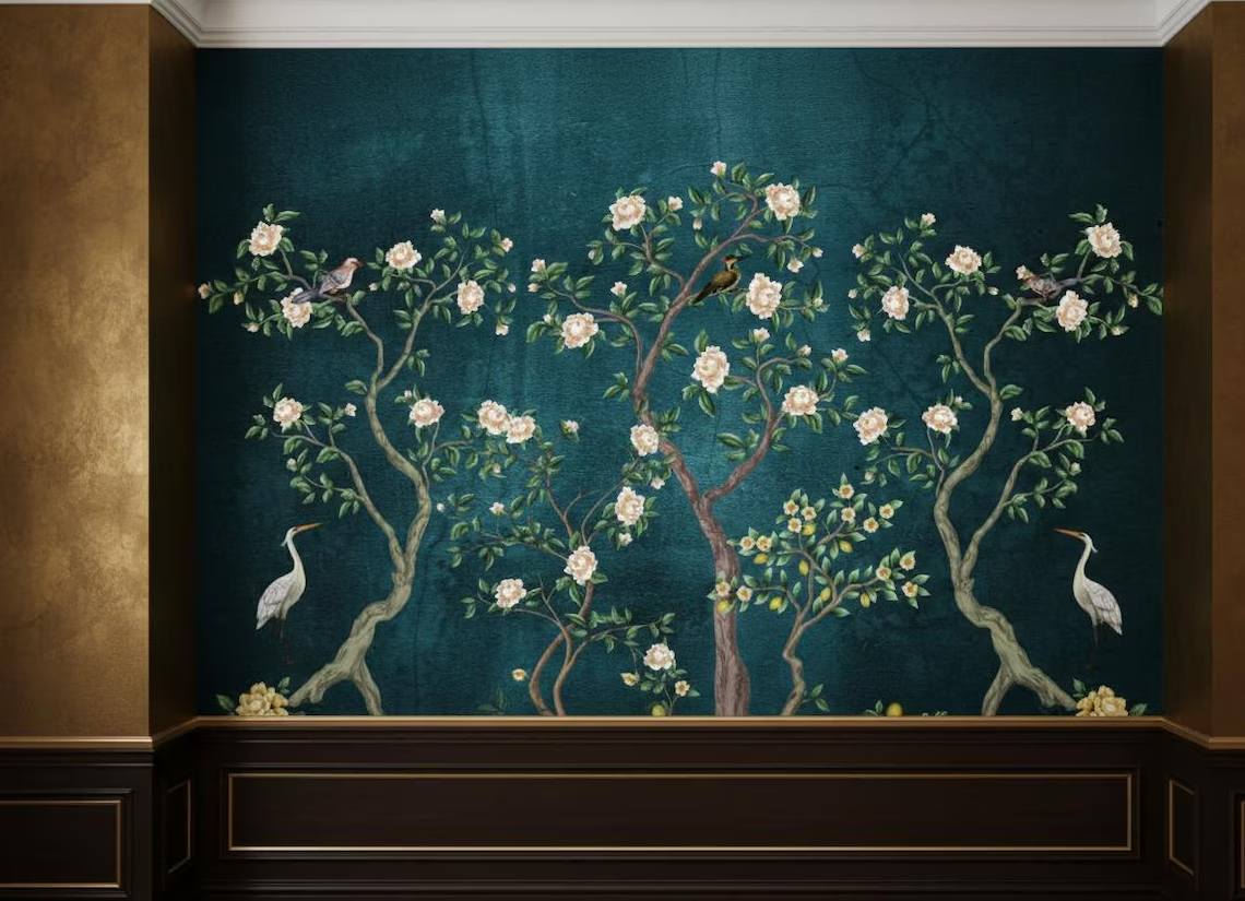 Blue Chinoiserie Wallpaper Cherry Blossom Bird Wall Mural Peel And Stick