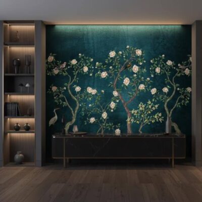 Blue Chinoiserie Wallpaper Cherry Blossom Bird Wall Mural Peel And Stick
