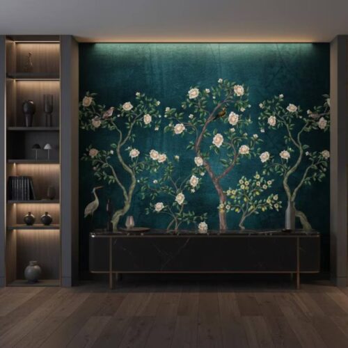 Blue Chinoiserie Wallpaper Cherry Blossom Bird Wall Mural Peel And Stick