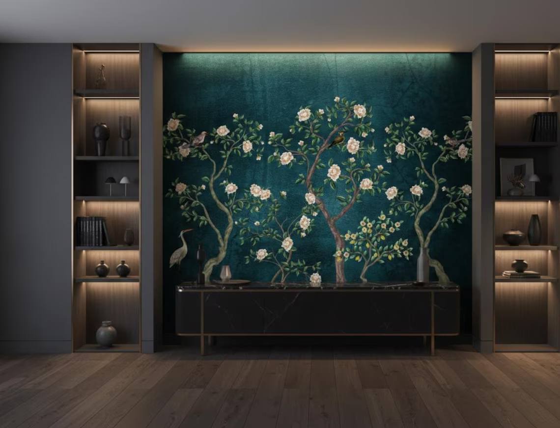 Blue Chinoiserie Wallpaper Cherry Blossom Bird Wall Mural Peel And Stick