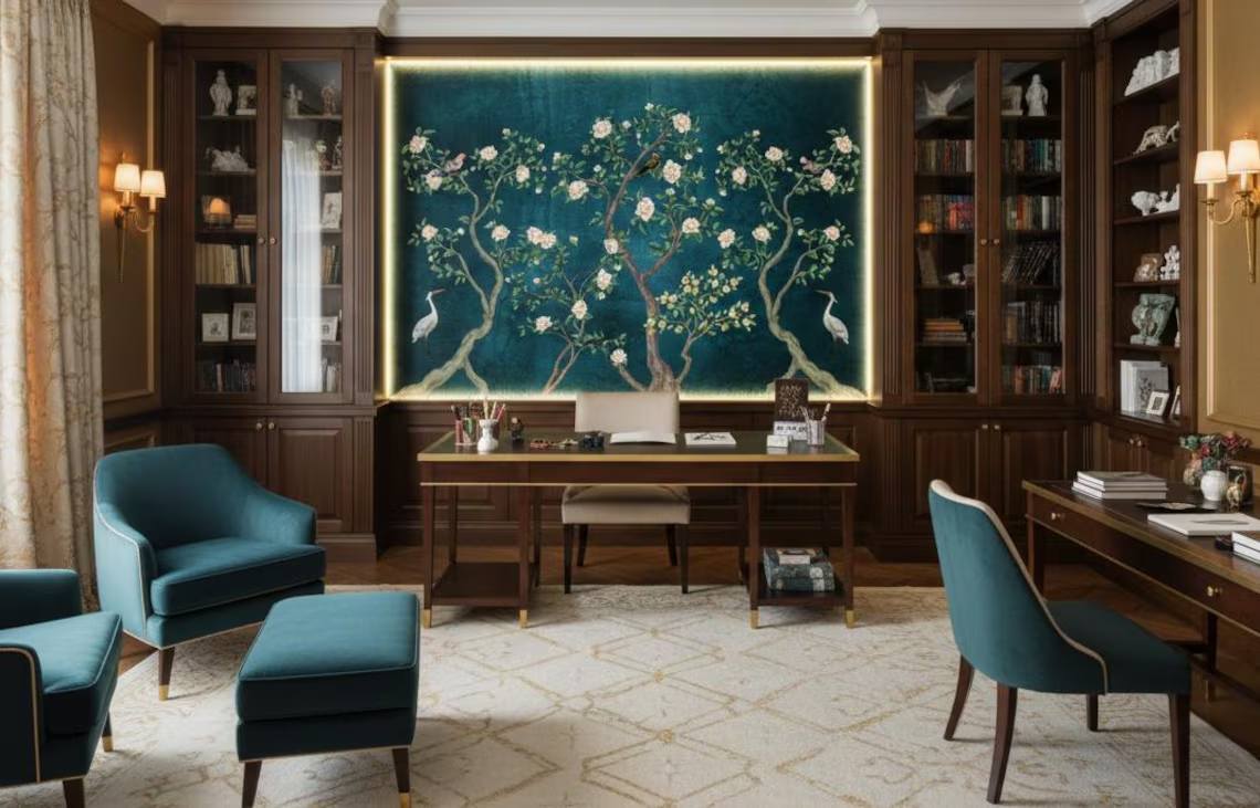 Blue Chinoiserie Wallpaper Cherry Blossom Bird Wall Mural Peel And Stick