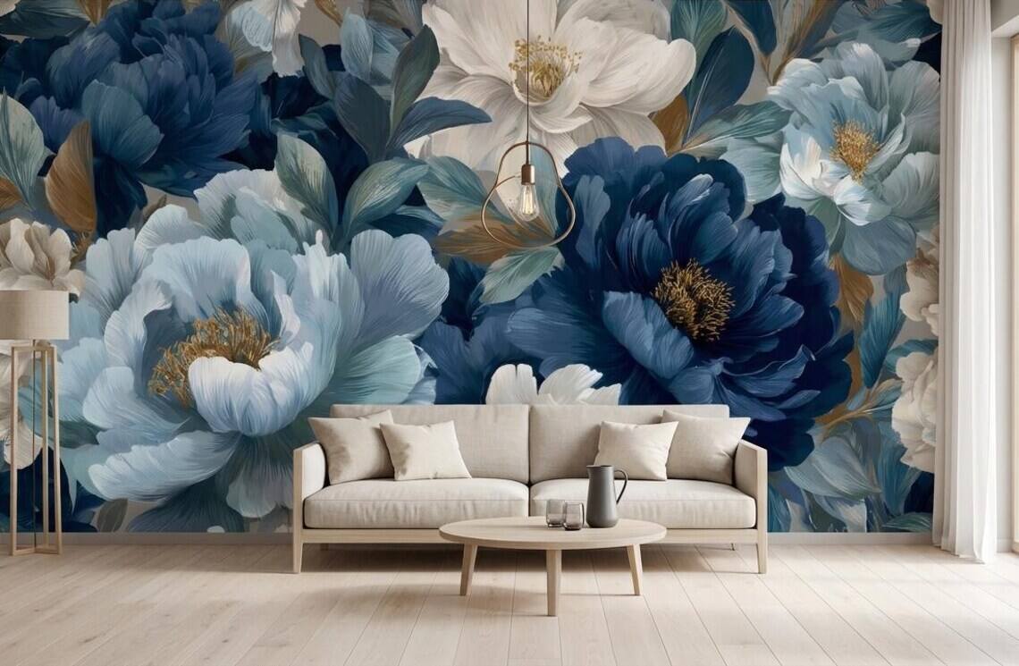 Blue And Beige Peony Blossom Wallpaper Luxury Botanical Wall Mural Modern Floral Wall Decor Peel Stick