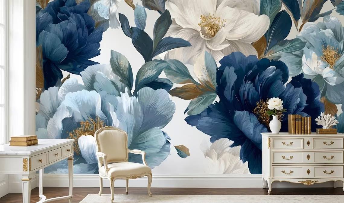 Blue And Beige Peony Blossom Wallpaper Luxury Botanical Wall Mural Modern Floral Wall Decor Peel Stick