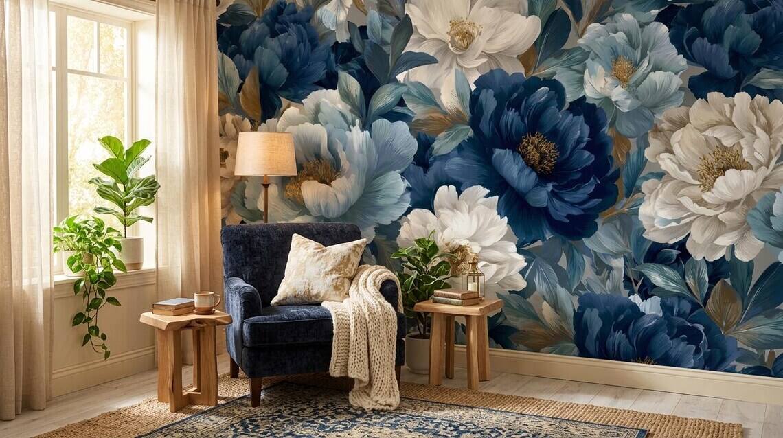 Blue And Beige Peony Blossom Wallpaper Luxury Botanical Wall Mural Modern Floral Wall Decor Peel Stick