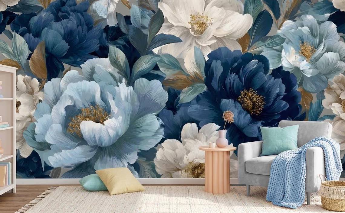 Blue And Beige Peony Blossom Wallpaper Luxury Botanical Wall Mural Modern Floral Wall Decor Peel Stick