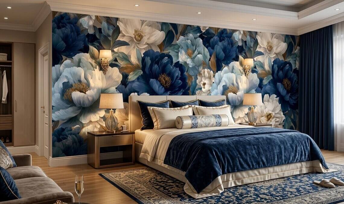 Blue And Beige Peony Blossom Wallpaper Luxury Botanical Wall Mural Modern Floral Wall Decor Peel Stick
