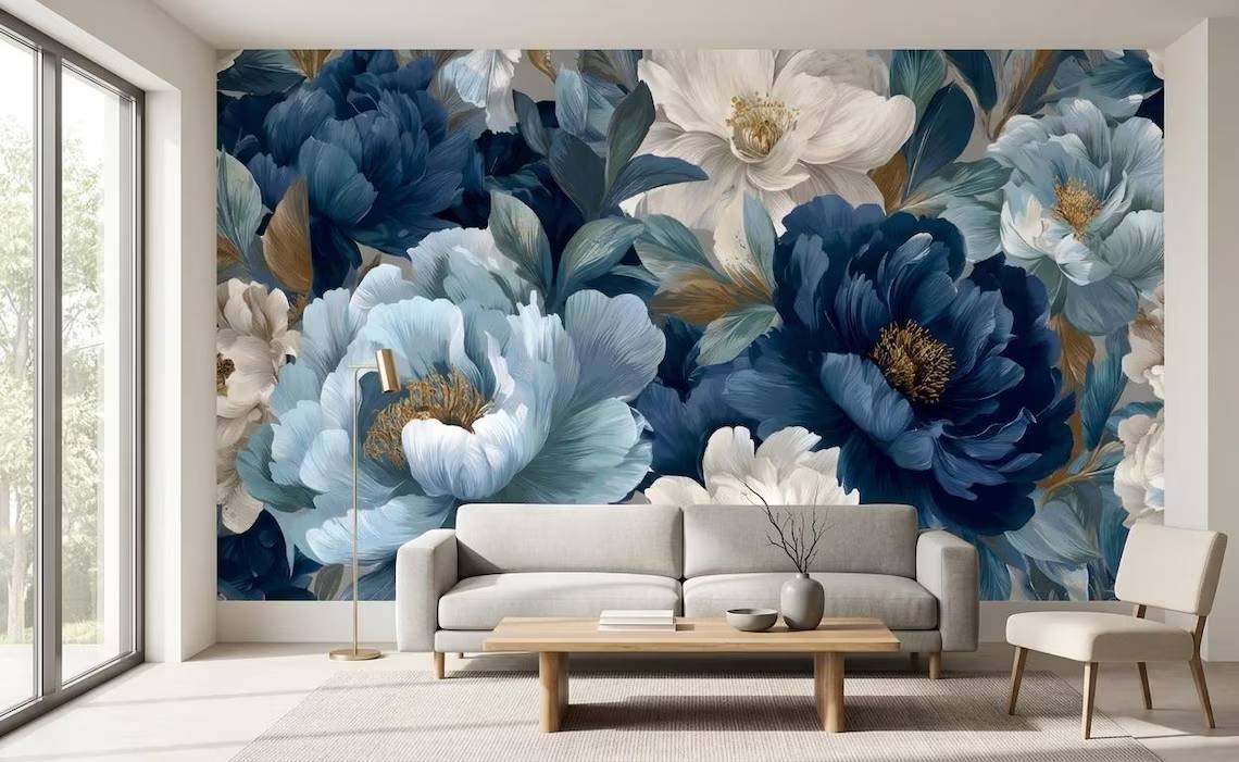 Blue And Beige Peony Blossom Wallpaper Luxury Botanical Wall Mural Modern Floral Wall Decor Peel Stick
