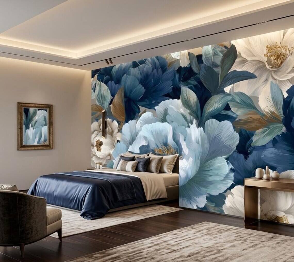 Blue And Beige Peony Blossom Wallpaper Luxury Botanical Wall Mural Modern Floral Wall Decor Peel Stick