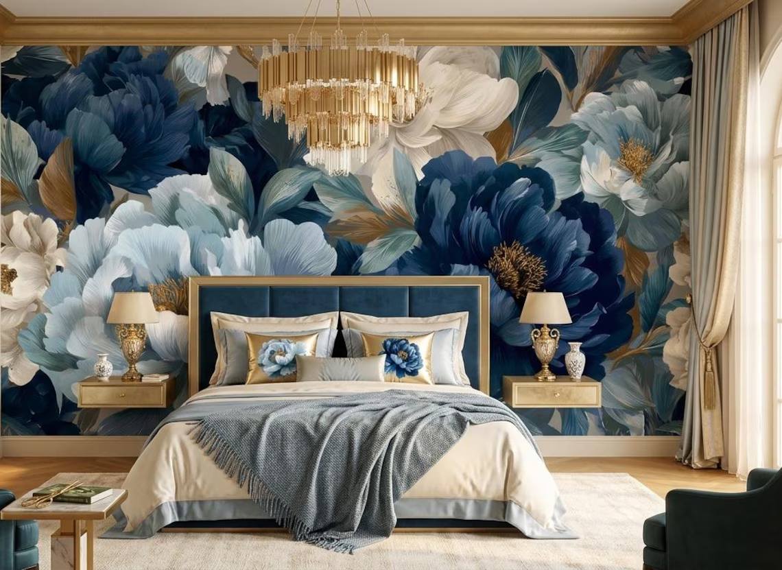 Blue And Beige Peony Blossom Wallpaper Luxury Botanical Wall Mural Modern Floral Wall Decor Peel Stick