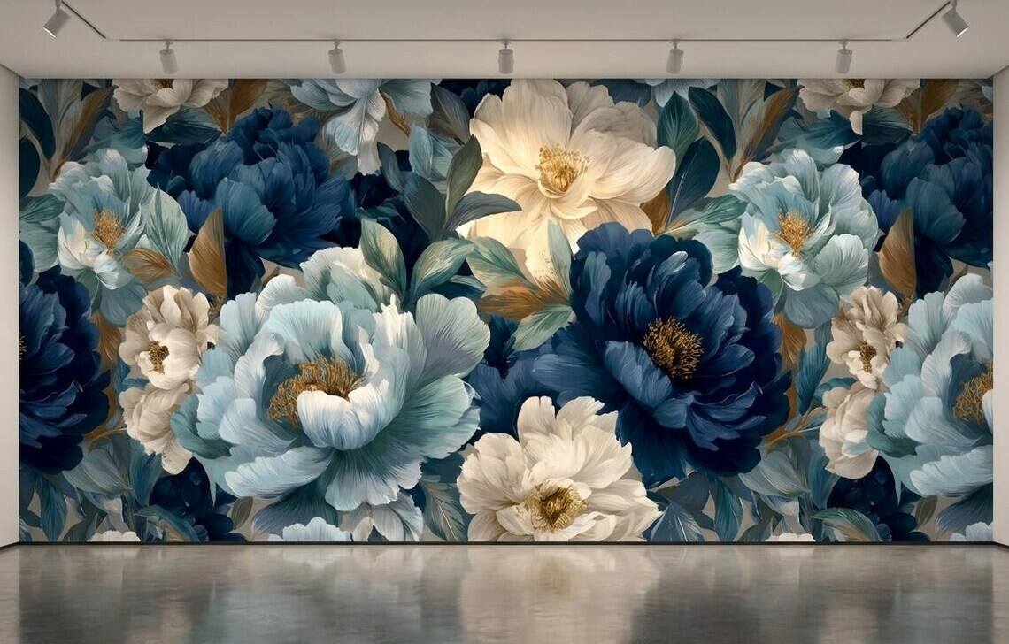 Blue And Beige Peony Blossom Wallpaper Luxury Botanical Wall Mural Modern Floral Wall Decor Peel Stick