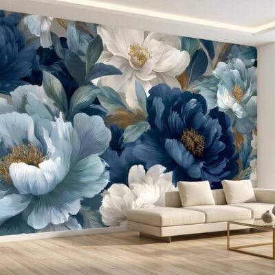 Blue And Beige Peony Blossom Wallpaper Luxury Botanical Wall Mural Modern Floral Wall Decor Peel Stick