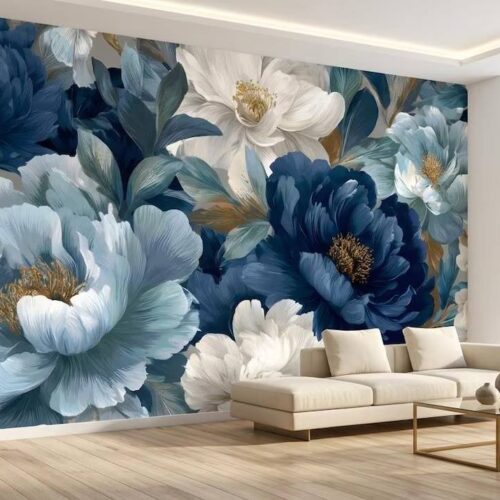 Blue And Beige Peony Blossom Wallpaper Luxury Botanical Wall Mural Modern Floral Wall Decor Peel Stick