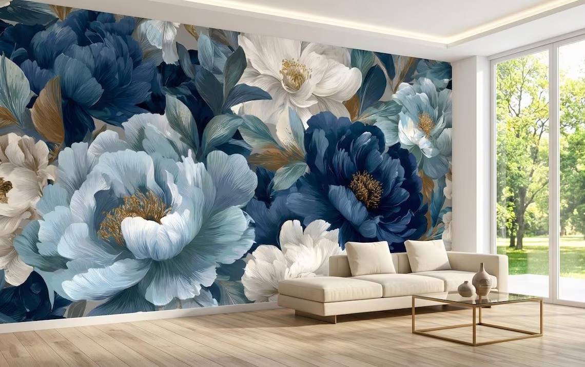 Blue And Beige Peony Blossom Wallpaper Luxury Botanical Wall Mural Modern Floral Wall Decor Peel Stick