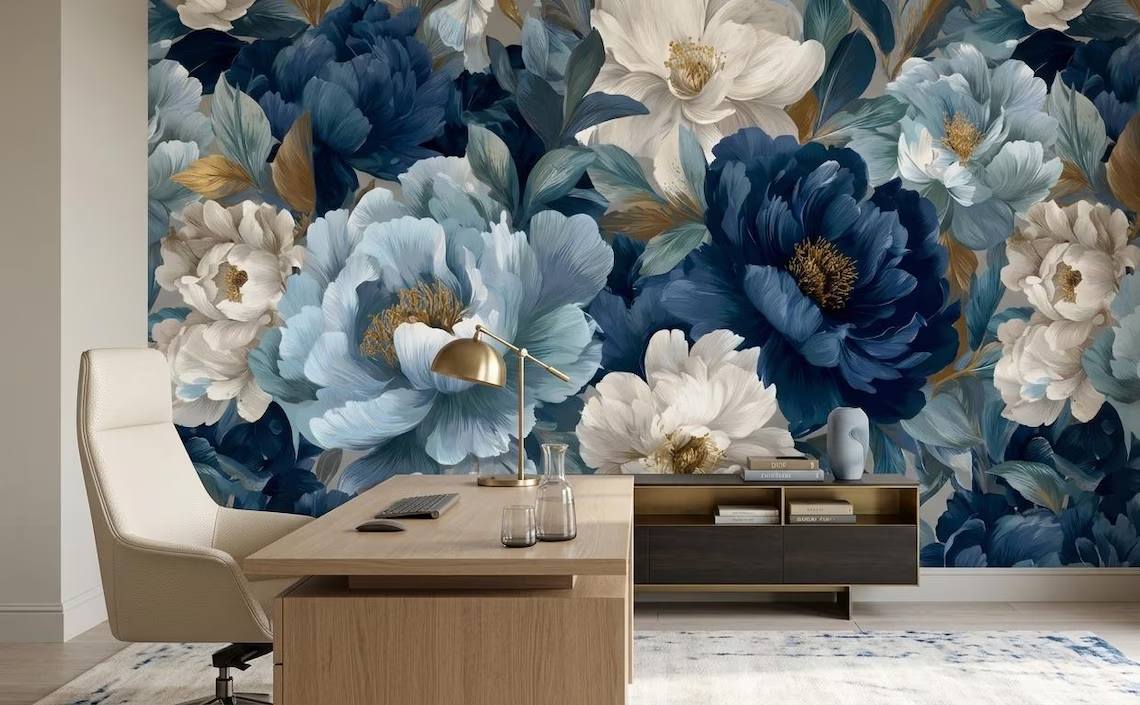 Blue And Beige Peony Blossom Wallpaper Luxury Botanical Wall Mural Modern Floral Wall Decor Peel Stick