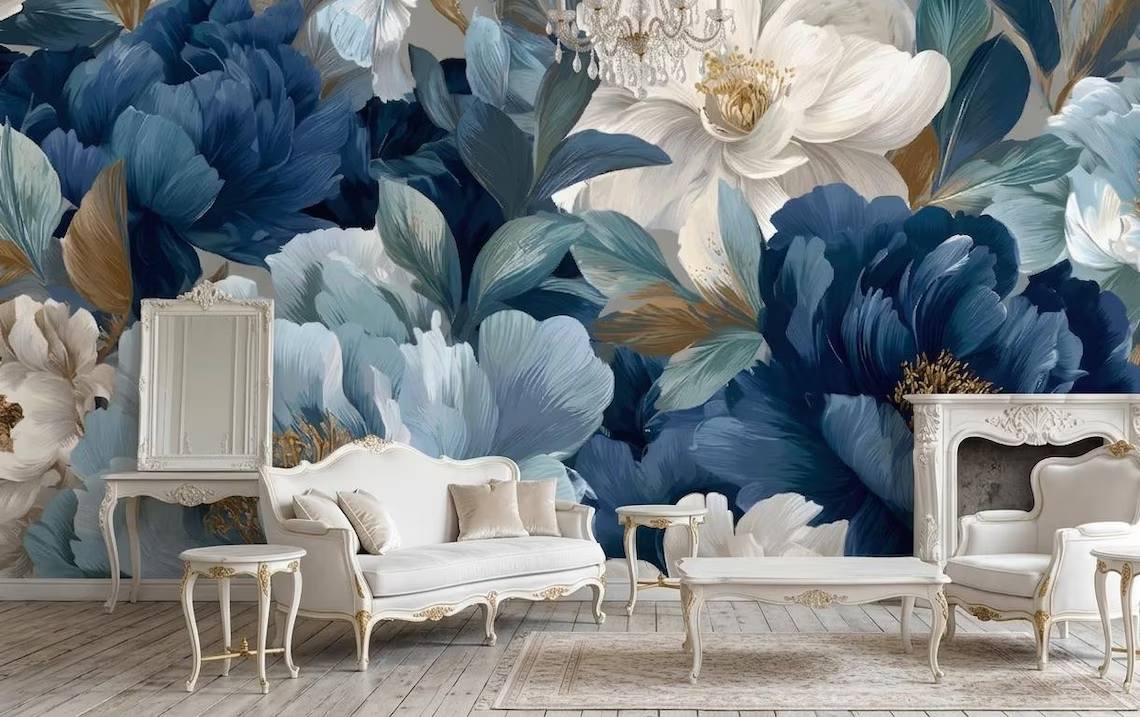 Blue And Beige Peony Blossom Wallpaper Luxury Botanical Wall Mural Modern Floral Wall Decor Peel Stick