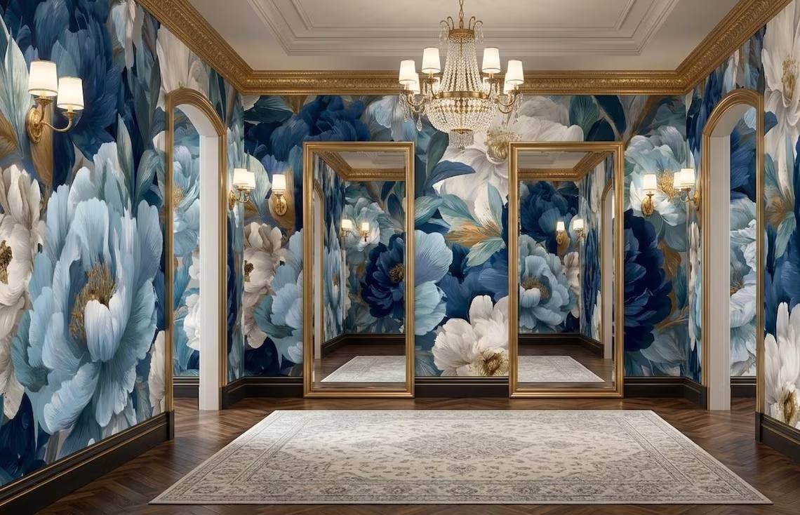 Blue And Beige Peony Blossom Wallpaper Luxury Botanical Wall Mural Modern Floral Wall Decor Peel Stick