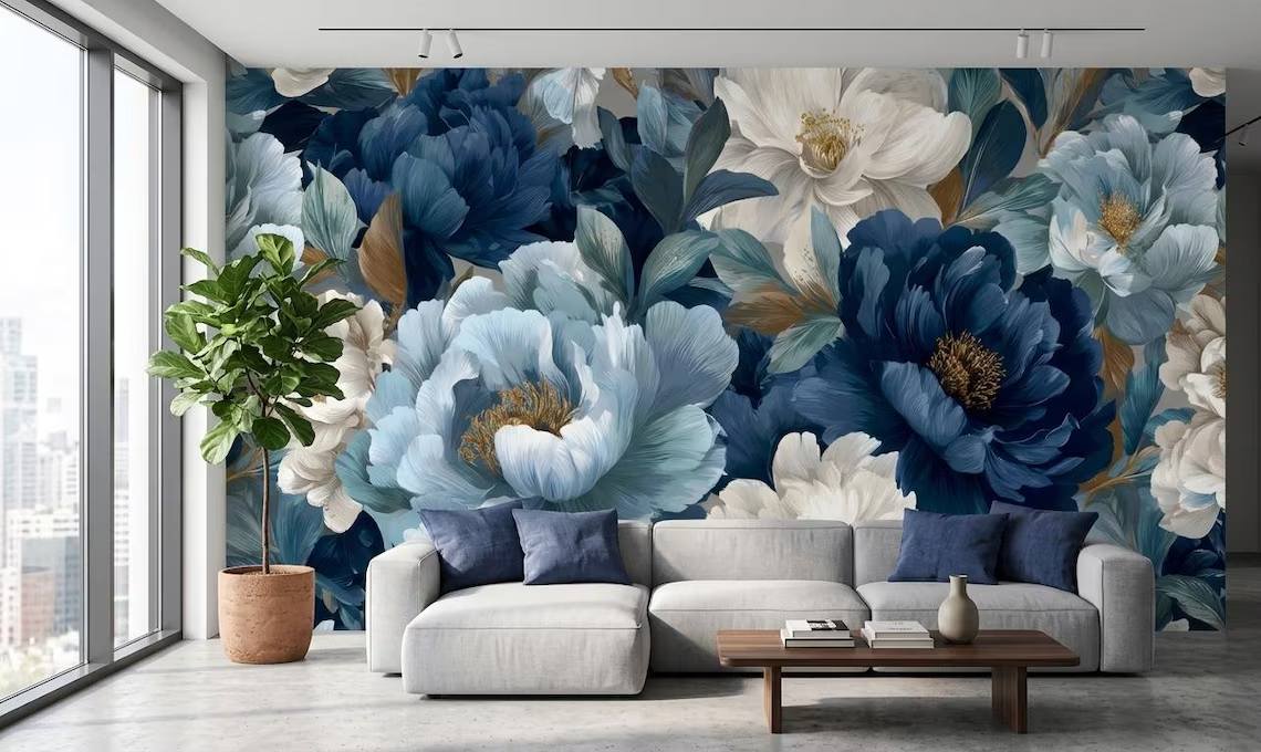 Blue And Beige Peony Blossom Wallpaper Luxury Botanical Wall Mural Modern Floral Wall Decor Peel Stick