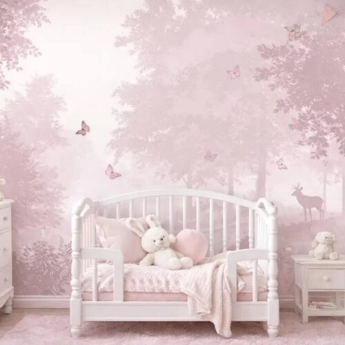 Blush Pink Butterfly Forest Wallpaper Mural Dreamy Nursery Wall Art Peel Stick
