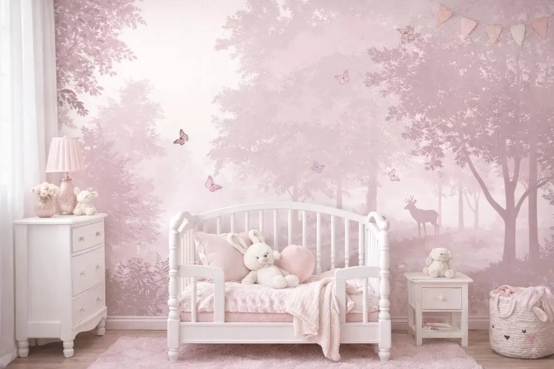 Blush Pink Butterfly Forest Wallpaper Mural Dreamy Nursery Wall Art Peel Stick